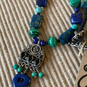Boho Malachite Turquoise Lapis Lazuli Chrysocolla Necklace w Sterling Pen…